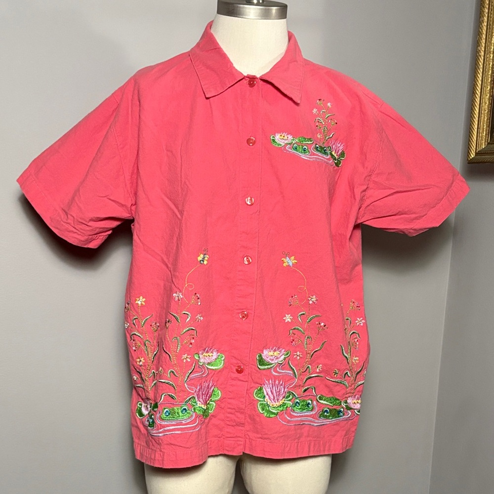 Large Frog Embroidered Beaded Button Down Short Sleeve Cotton Shirt